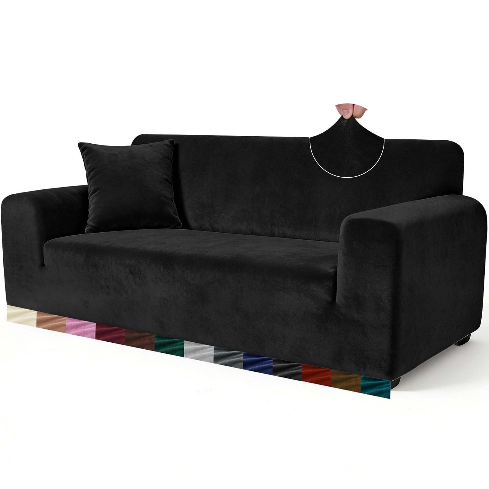 Yeahmart Thick Velvet Sofa Covers 2 Seater - Premium Stretch Couch Cover Loveseat Slipcover - Soft Furniture Protector for Pets - Includes Foam Rods for Non-Slip Fit - Machine Washable, Black — image 1