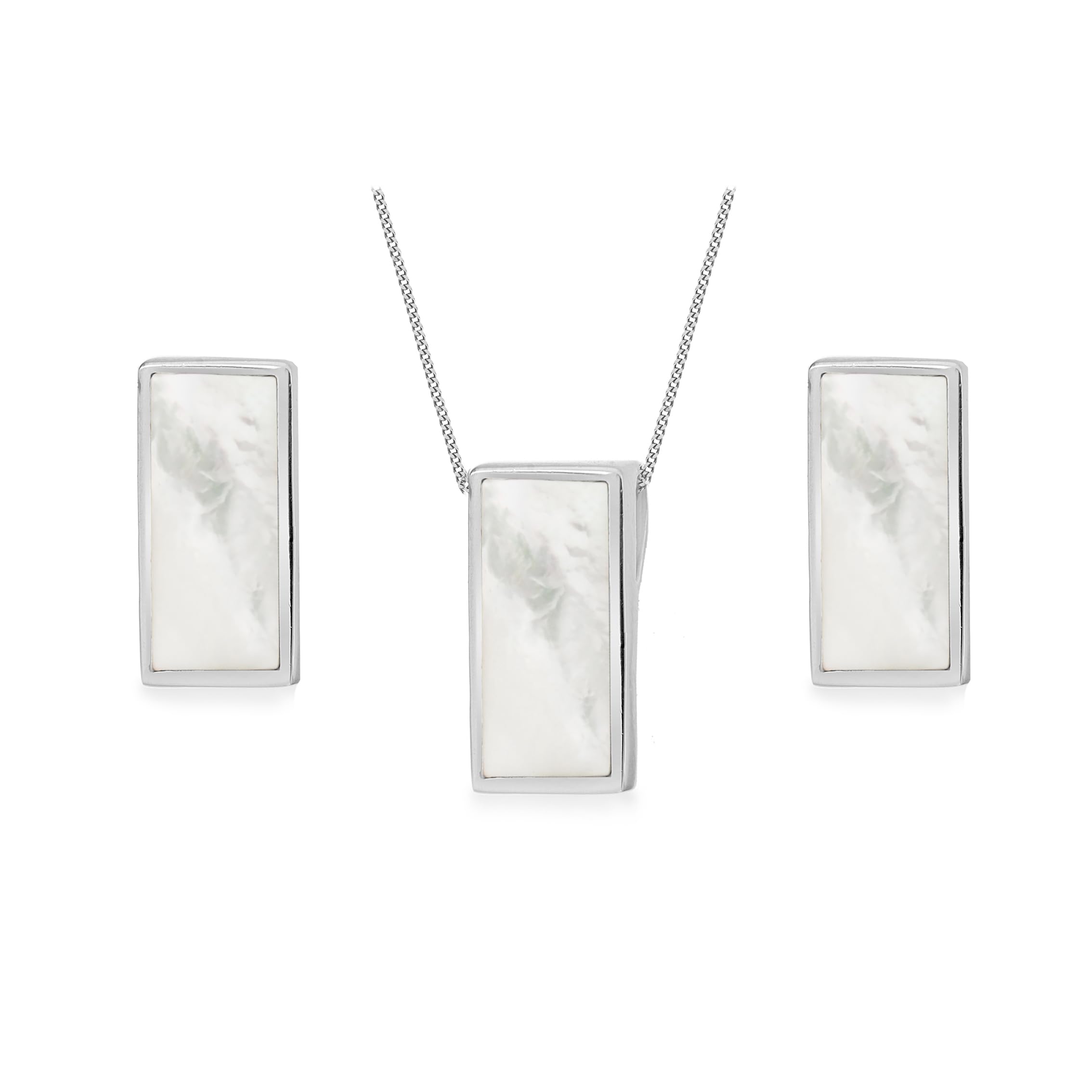 Tuscany Silver Women's Sterling Silver Rectangular Mother of Pearl Set of Earrings and Pendant on Curb Chain of 41cm/16"