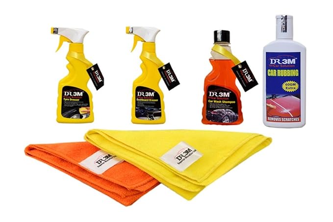TYRE Dresser 250ML.+Dashboard Dresser 250ML+CAR WASH Shampoo 250ML.+CAR RUBBING 200GM+ 2pc.CAR Microfiber Cloth Orange,Yellow.