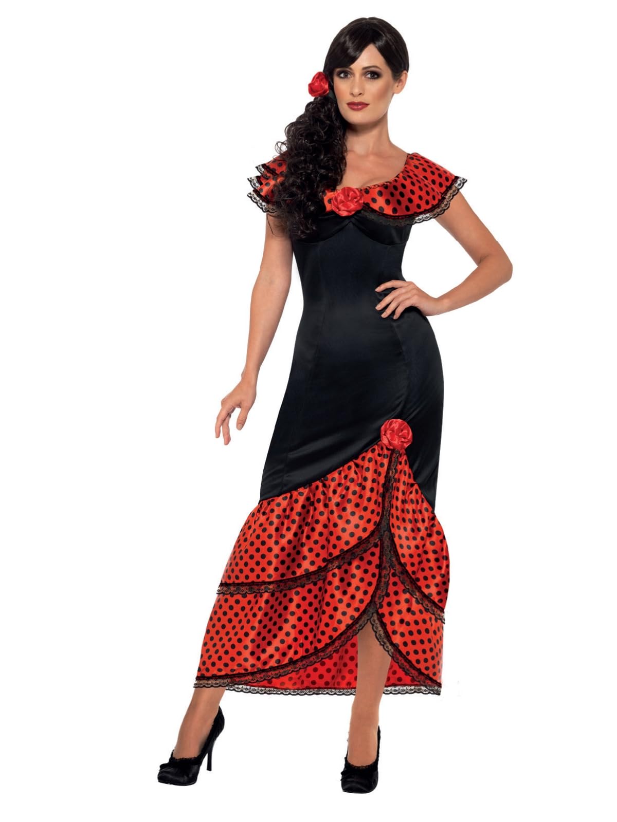 Smiffys Flamenco Senorita Costume, Black with Dress & Headpiece, Around The World Fancy Dress, Adult Dress Up Costumes