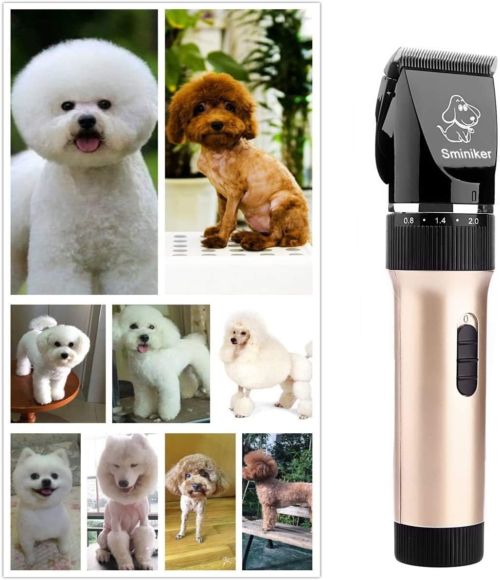 Sminiker Professional Low Noise Rechargeable Cordless Cat Dog Horse Clippers Professional Pet Clippers Grooming Kit, animal clippers Pet Grooming Kit(Gold)