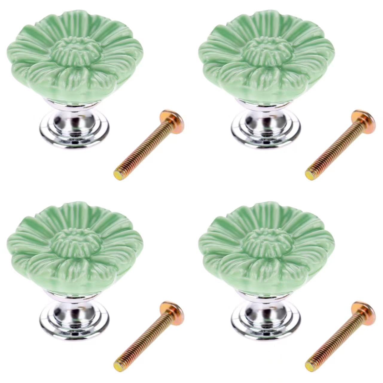 MUXSAM Vintage Flower Cabinet Knobs Ceramic Kitchen Cupboard Drawer Door Pull Handles (Green, 4Pcs)