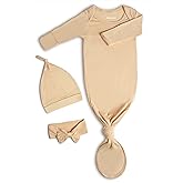 Knotted Baby Gowns Newborn Sleepers, Super Soft Modal Neutral Clothes for Girls Boys, Cute Outfit with Mittens, Bow and Hat Set for Gift