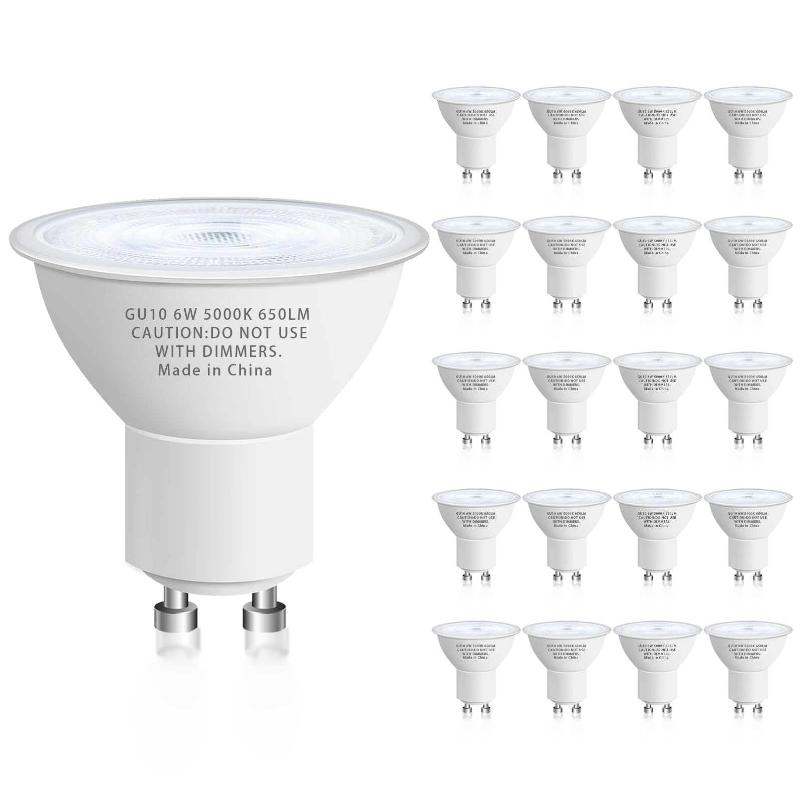 Photo 1 of GU10 Led Bulb 6W Equivalent 50W, MR16 Led Bulb 5000K Daylight White Led Bulbs, 650 Lumens, Non-Dimmable, GU10 Base, 2 Prong Track Energy Saving Light Bulbs for Kitchen, Living Room, Bedroom, 20 Pack