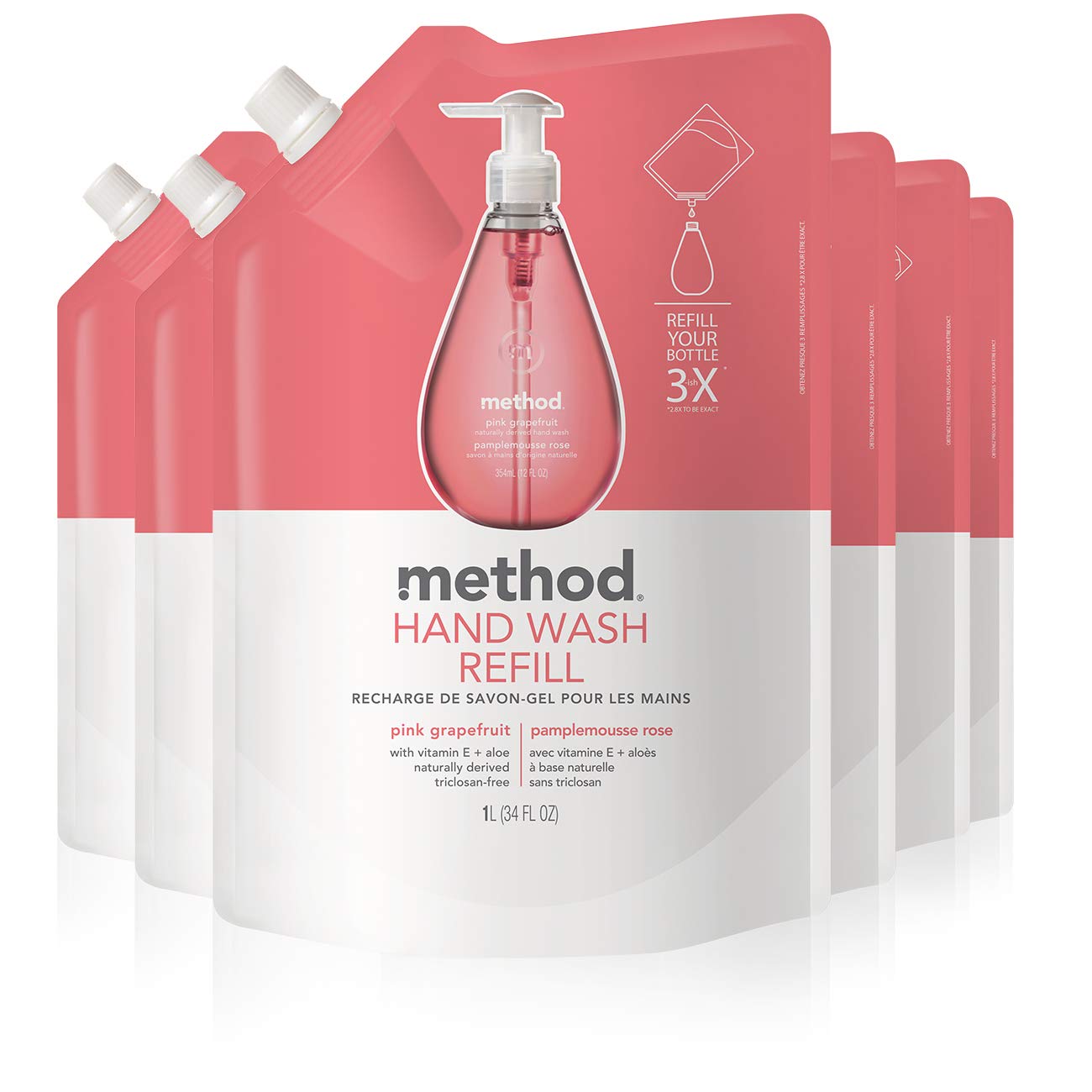 Method Gel Hand Soap Refill, Pink Grapefruit, 34 oz, 6 pack, Packaging