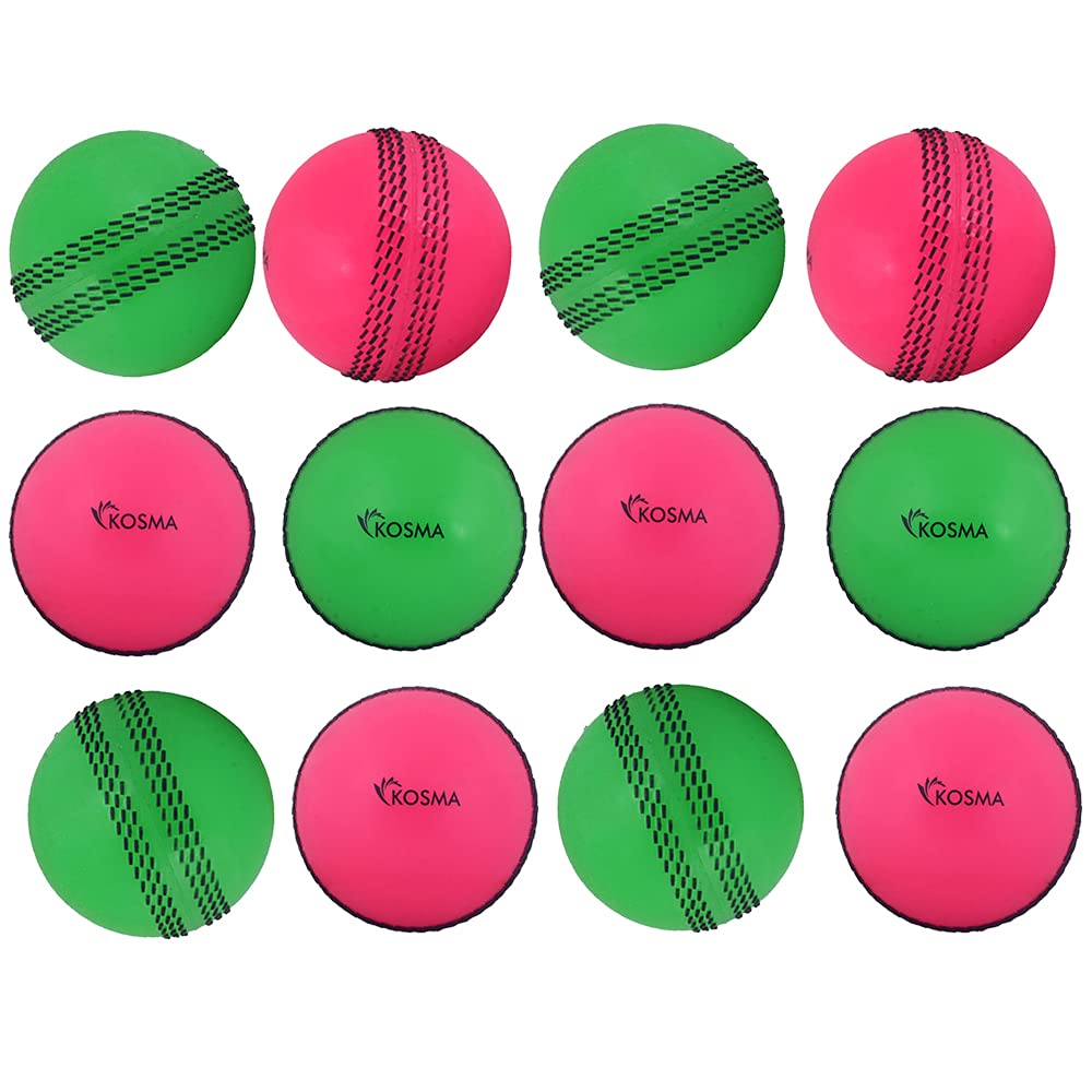 Kosma Multipack of 12 Windball Cricket Ball | Indoor & Outdoor Soft Training Cricket Ball for Coaching Practice ( 6 Pc Each Pink with Black seam and Green with Black seam)