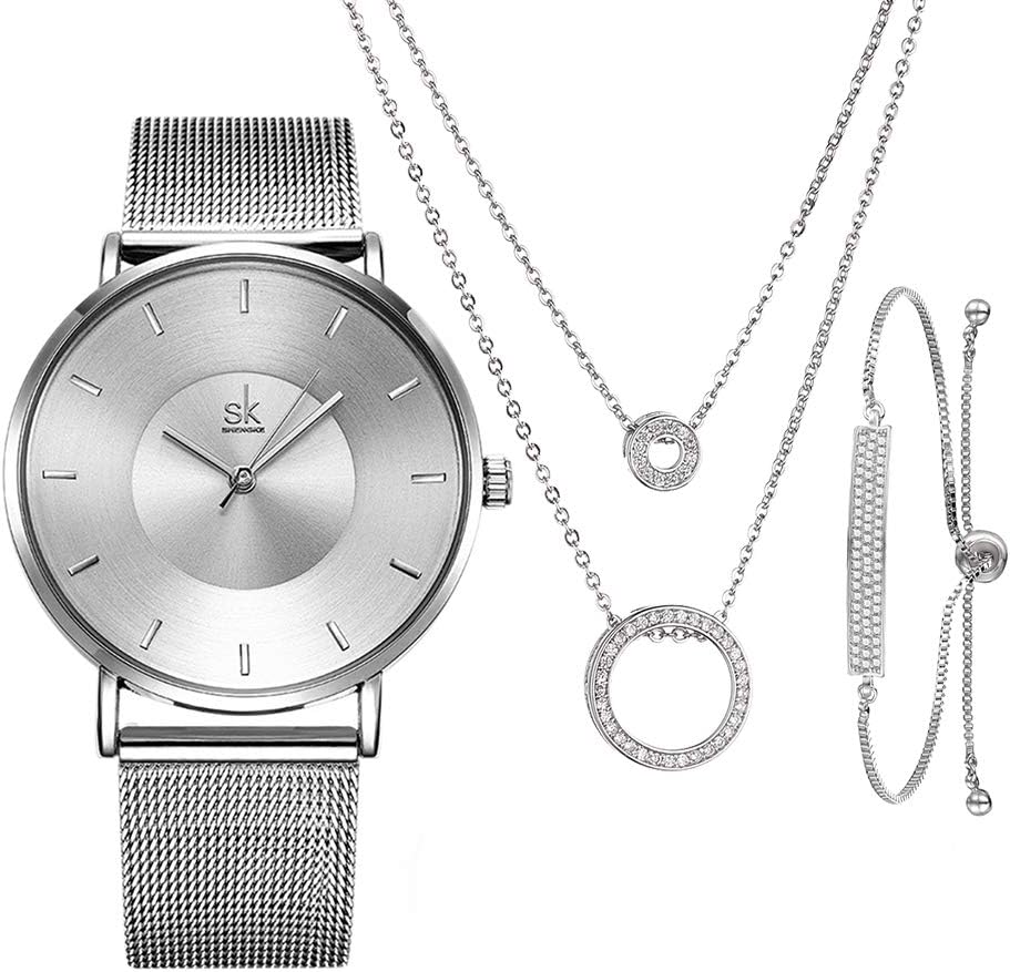 SK SHENGKE 3pcs Watches Set Necklace Bracelet Jewelry Sets Exquisite Gifts for Women