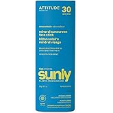 ATTITUDE Mineral Face Sunscreen Stick for Kids, SPF 30, EWG Verified, Plastic-Free, Broad Spectrum UVA/UVB Protection with Zinc Oxide, Dermatologically Tested, Vegan, Unscented, 0.7 Ounce