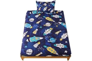 qjmiaofang 2 Pieces Kids Space Sheets Twin Size for Boys Children Galaxy Fitted Sheet Rocket Spaceship Bed Set Planets Stars Room Decor Universe Sheet