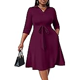 FANDEE Plus Size Midi Dress for Women - Printing Summer Dresses for Wedding Guest Cocktail Party 3/4 Sleeve V Neck（L-5XL）