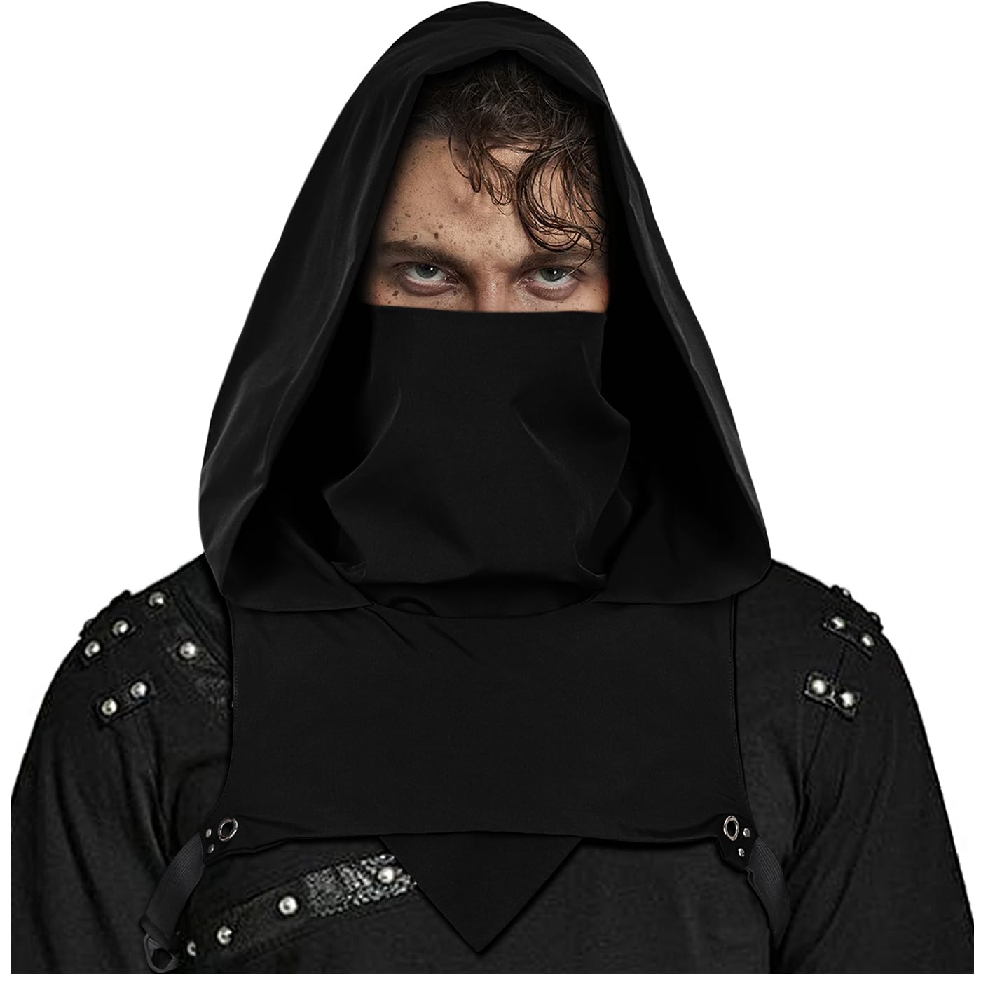 keland Cyberpunk Rogue Cowl Hood Scarf Gothic Hooded Cape Hat for Halloween Ninja Cosplay (A-Black)