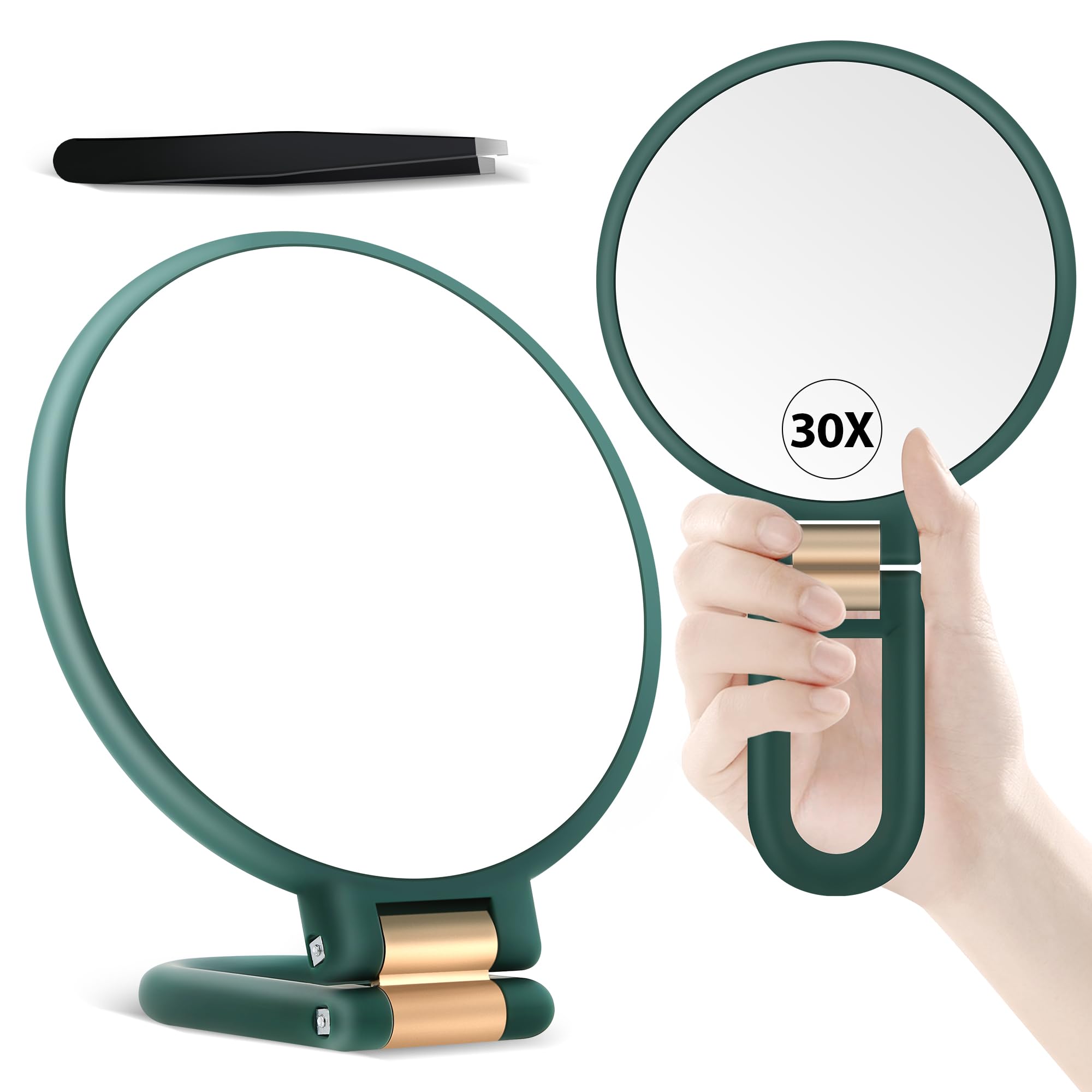 MIYADIVA Handheld Magnifying Mirror, Double Sided Travel Magnifying Mirror with 30X/1X Magnification, 360°Adjustable Handle and Precision Tweezers, Portable Multi-Purpose Makeup Emerald Green