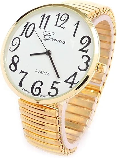 Reloj de pulsera dorado con correa elástica de tamaño muy grande