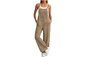 Linen Rompers for Women Summer Casual Dressy Jumpsuits Adjustable Strap Wide Leg Bib Pants Overalls with Pockets