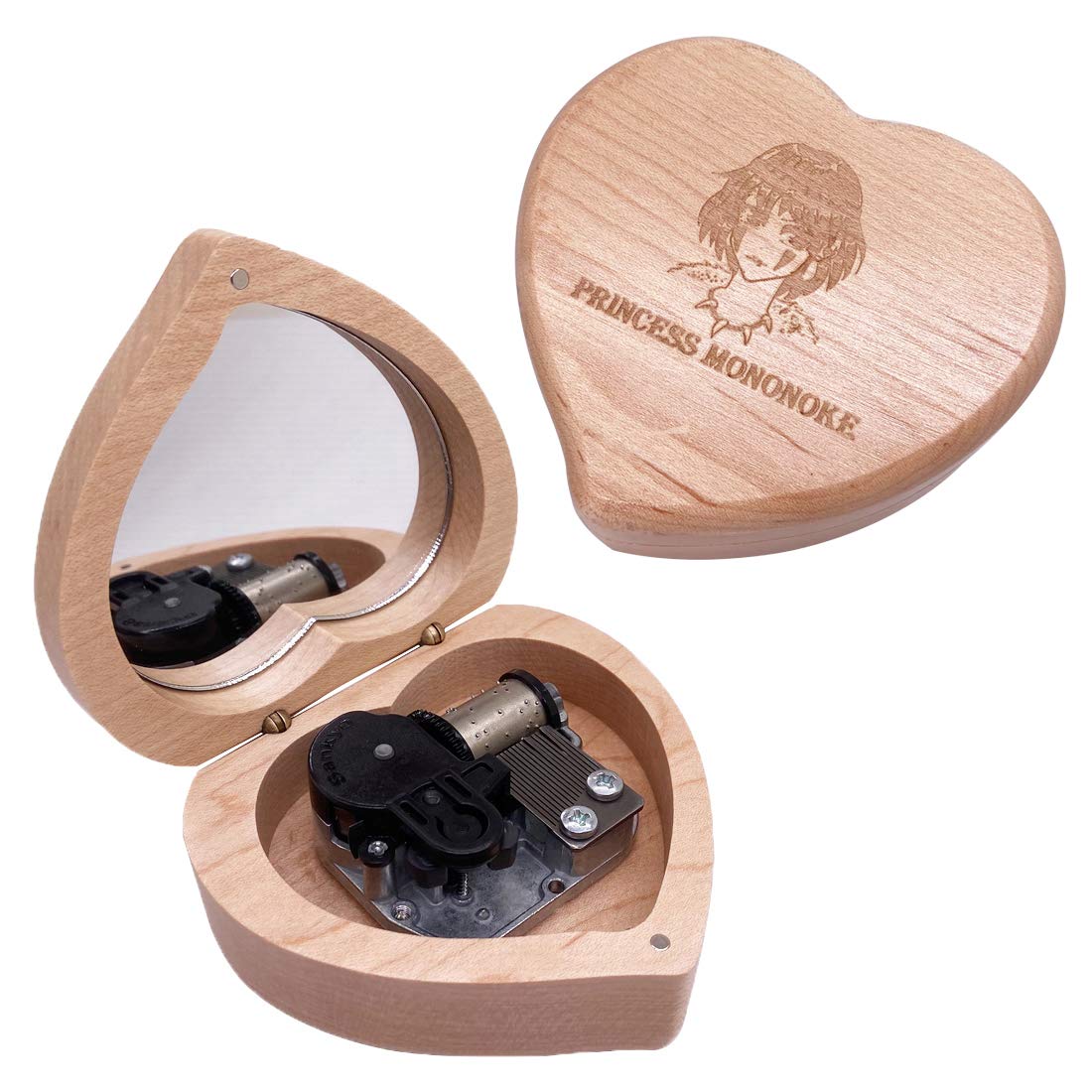 Wind up Music Box Princess Mononoke,Mini Wood Heart-Shaped Modern Crafted Musical Box Gift for Birthday Anniversary Valentine's Day Christmas(Silver,Maple)