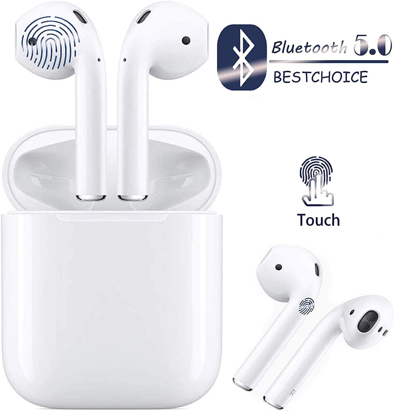Bluetooth Earphones, True Wireless Earbuds 5.0 Bluetooth Headphones in-Ear Stereo Sports Headsets with Mic Binaural Calls,Touch Control, Easy-pair Total 24 Hours for iPhone Apple Airpods Android