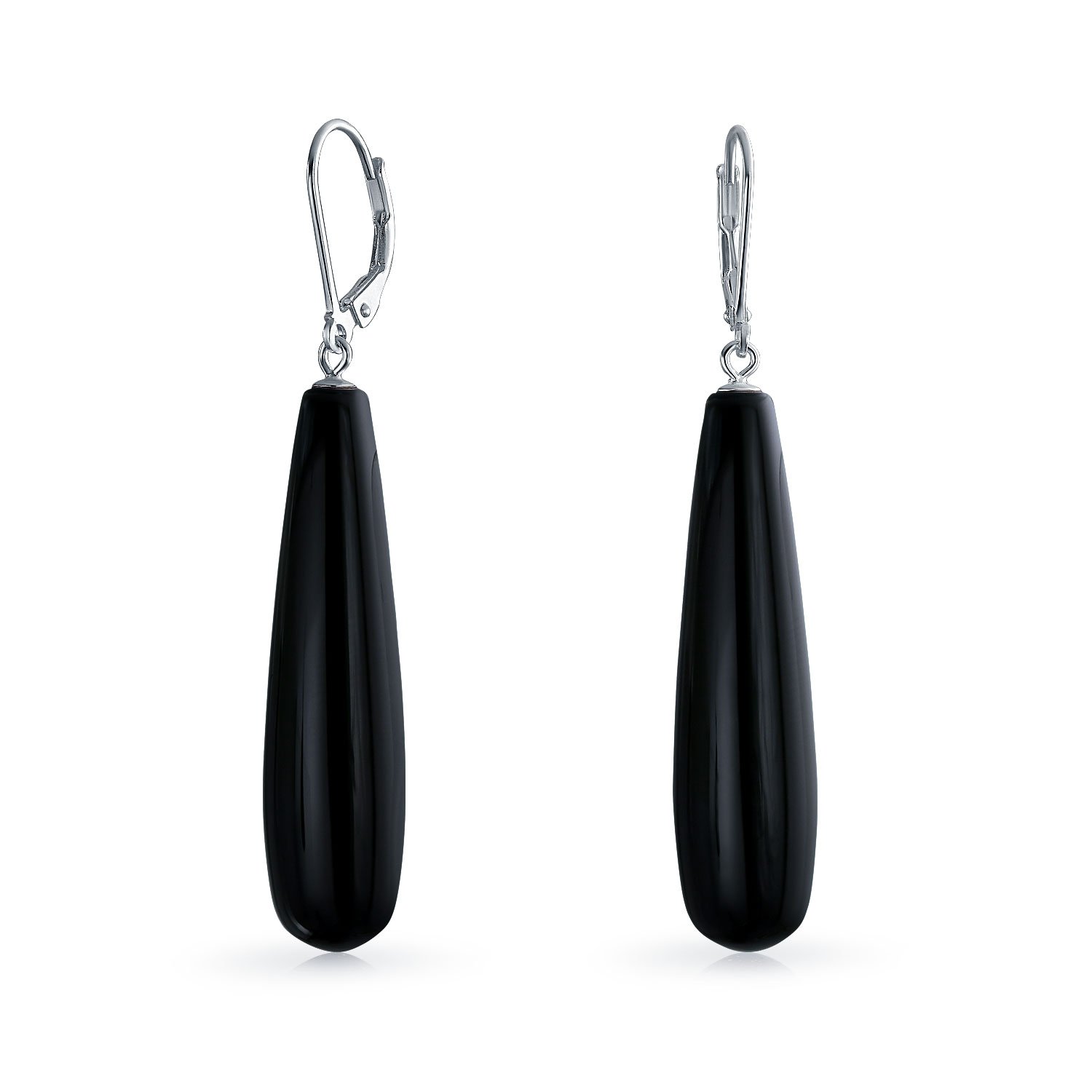 Simple Black Onyx Gemstone Elongated Teardrop Lever Back Dangle Earrings For Women .925 Sterling Silver