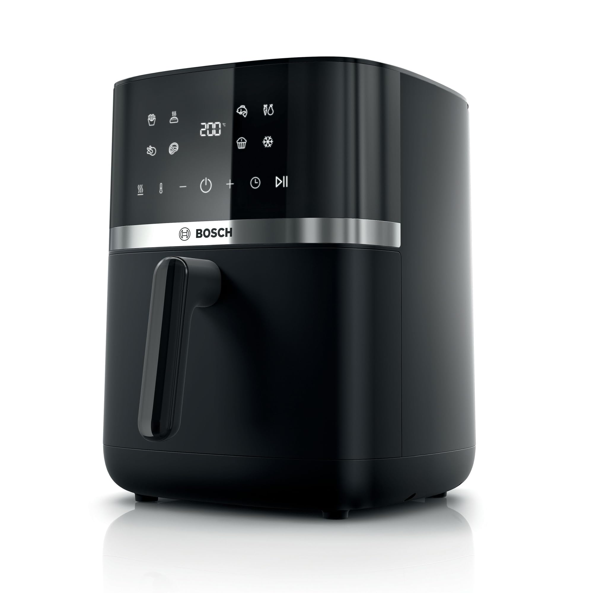 Bosch Heißluftfritteuse Serie 4, XL Air Fryer, schwarz, 6,1 L Fassungsvermögen, 7 Voreinstellungen, Auftau- und Warmhaltefunktion, Touchscreen, bis zu 60% schnelleres Kochen, MAF462B0