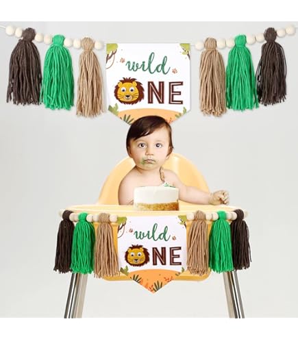 Lion 1st Birthday High Chair Banner - Wood Bead Tassel Garland For Baby's First Birthday Party Decor