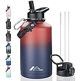 StarSpeed 64oz Insulated Water Bottle with Straws & 2 Lids, Half Gallon Stainless Steel Double Walled Vacuum Water Jug, Large Wide Mouth with Paracord Handle for Gym Camping Hiking, Red Blue