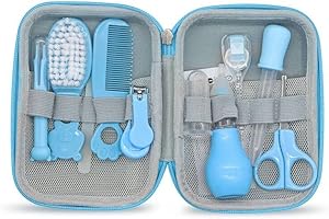 SUHCTUPTX Baby Grooming Kit, 15 in 1 Portable Baby Safety Care Kit with Baby Brush and Comb Set Nail Clippers Nasal Aspirator etc for Nursery Newborn Infant Girl Boys Keep Clean Baby Essentials (Blue)
