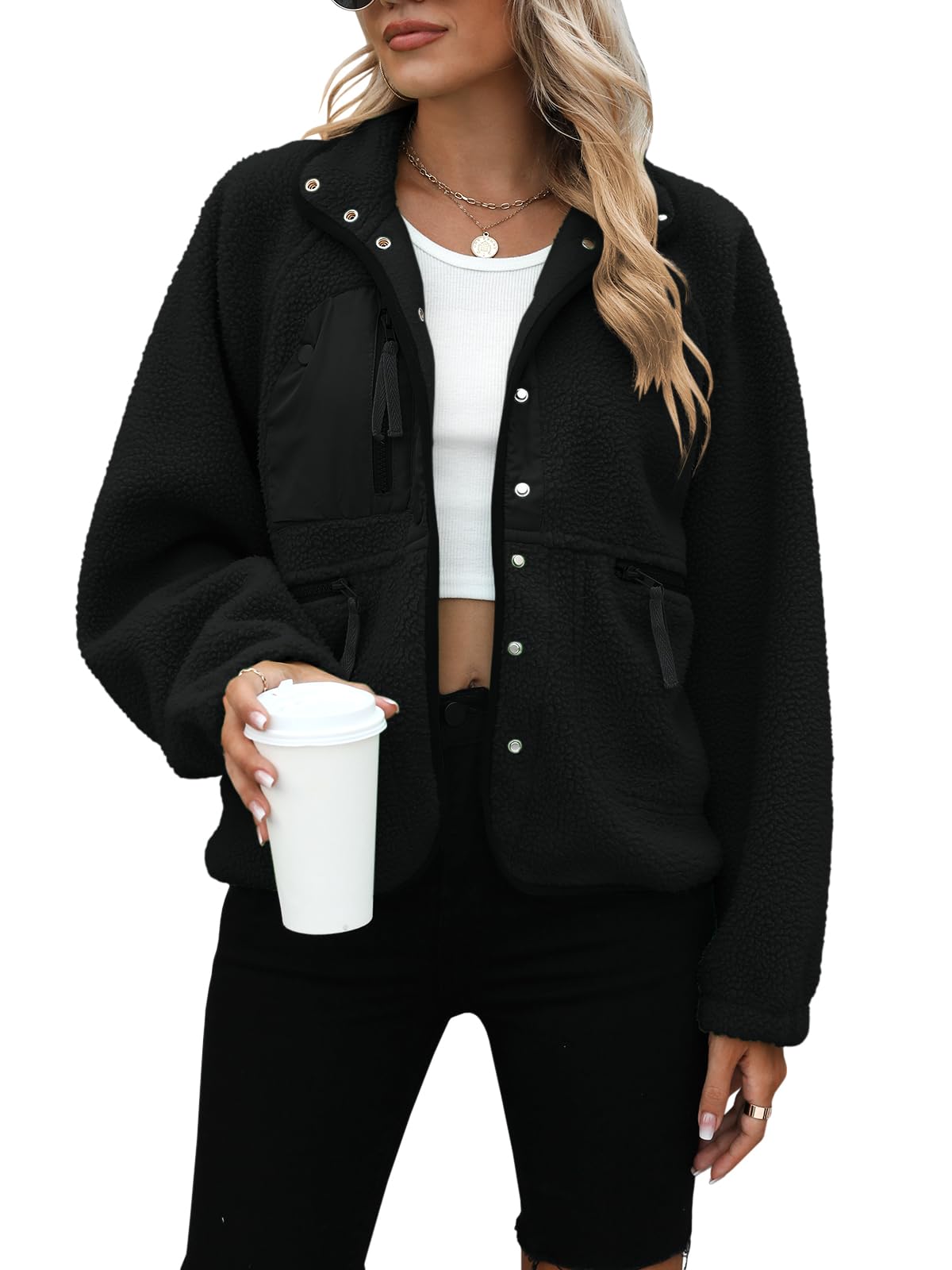 Photo 1 of Yanekop Womens Fleece Jacket Fuzzy Long Sleeve Short Winter Coats Button Down Sherpa Jacket Outerwear with Pockets(A Black,L)