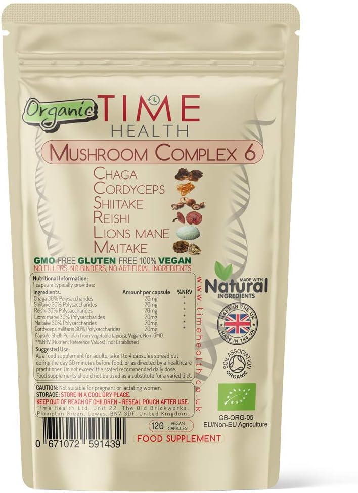 Mushroom Complex 6 Organic, High Strength 30% Polysaccharides, Chaga, Cordyceps, Shiitake, Reishi, Lions Mane, Maitake