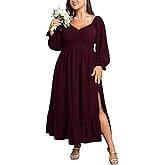 SCOMCHIC Womens Plus Size Wedding Guest Cocktail Dress Sweetheart Neckline Long Sleeve Smocked Ruffle Slit Maxi Dresses
