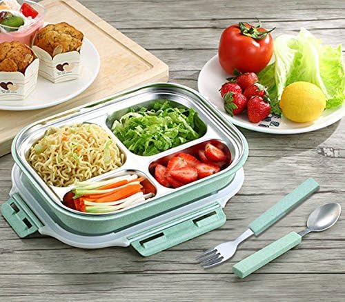 Slim Stainless Steel Square Lunch Box Set for Adults &amp; Kids - Leak Proof Bento Box with 4 Compartments &amp; Spoon and Chopsticks Included - Insulated Lunch Bag, Dishwasher Microwave Safe (Green)