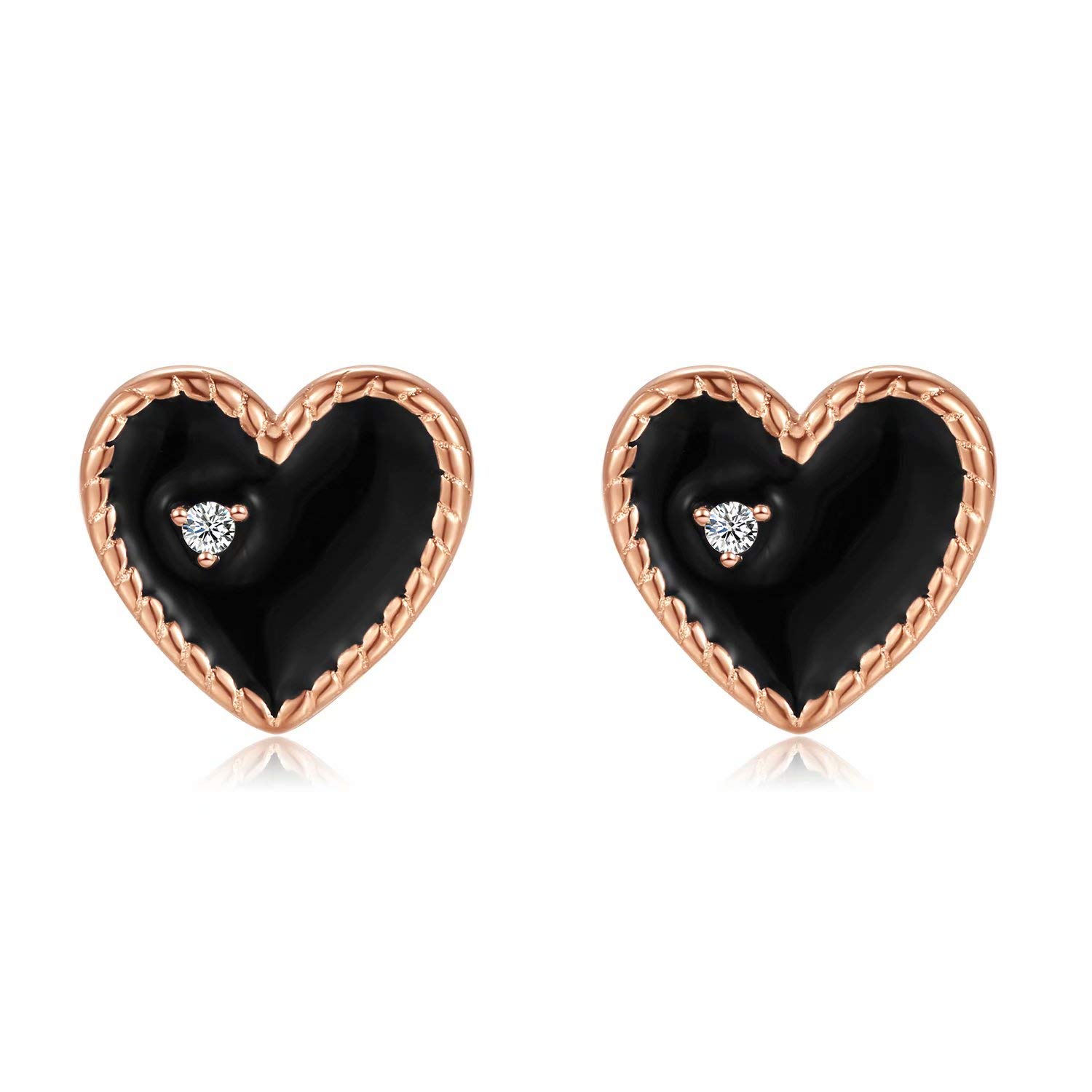 Qings Rose Gold Black Heart Stud Earrings 925 Sterling Silver Exquisite Sparkling Star Cubic Zircon as Birthday Gift for Women and Girls