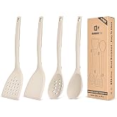 BUNDLEPRO Silicone Cooking Utensils Set, 4 Pcs Spatula and Spoon Set, Khaki | One-Piece, Non-Stick, Heat Resistant Kitchen Utensils with Back Hooks for Frying, Serving, Turning, Stirring