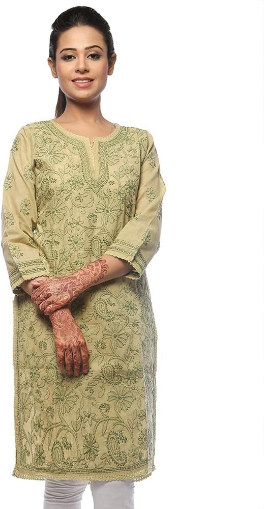 SEVA CHIKAN Women's Cotton Lucknowi Hand Embroidered Henna Chikan Kurti with Embroidery Kurti (SCL0643; Green; 38)