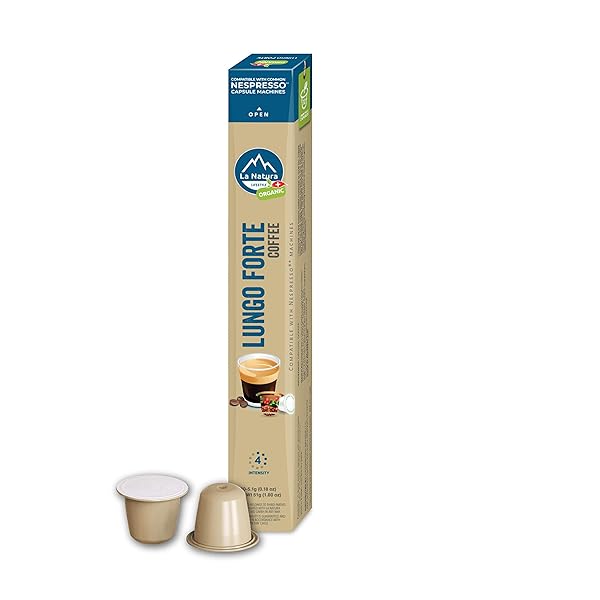 LA NATURA LIFESTYLE ORGANIC LUNGO FORTE COFFEE PODS – MEDIUM ROAST ARABICA COFFEE CAPSULES FOR NESPRESSO ORIGINAL LINE MACHINES – COMPOSTABLE CAPSULES, ALUMINUM-FREE – SINGLE-SERVE PODS (10 COUNT)