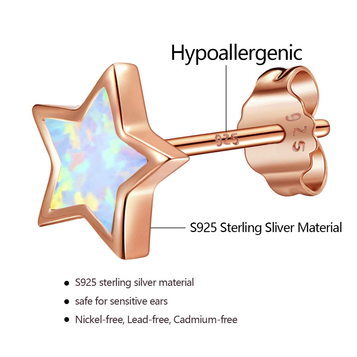 Rose Gold Star Earrings for Girls, Hypoallergenic Fire Opal Stud Earrings For Women ARSKRO S925 Sterling Sliver Little Small Tiny Cute Earring Jewelry Gifts for Sensitive Ears Toddlers Kids