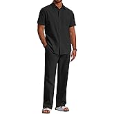 COOFANDY Men's 2 Piece Linen Beach Outfits Short Sleeve Button Down Shirts Loose Pants For Men