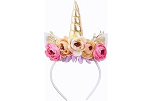 Nishine Girls Glitter Unicorn Horn Headband Camellia Pony Head Band Flower Hair Band Tiara for Party Birthday Gift
