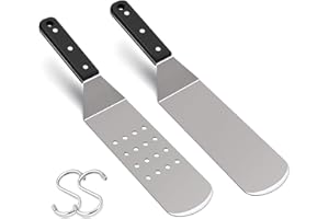 HaSteeL Metal Griddle Spatula, Stainless Steel Long With Riveted Handle, Heavy Duty Perforated & Solid Burger Turner for Teppanyaki BBQ Flat Top Grilling Cooking, Dishwasher Safe