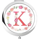 Floral Initial Compact Mirror, Personalized Gift for Sister (K, Silver) | Stocking Stuffer | Gift for Daughter Granddaughter Bridesmaids Mom Wife | Monogram Alphabet Ideal Gift on Birthday, Christmas