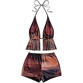 Verdusa Women's 2 Piece Going Out Sets Graphic Slit Tie Backless Halter Top with Micro Shorts Rave Outfits