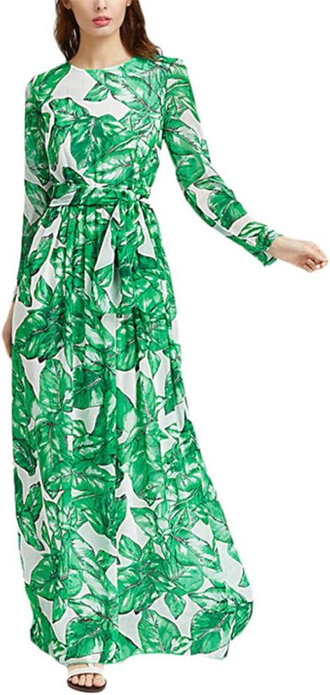 TYWAG Women Green Maxi Dress Palm Leaf Banana Leaf Print Casual Beach A-Line Dresses