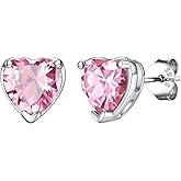 KeyStyle Birthstone Earrings for Women,Hypoallergenic Round/Heart Stud Earrings with 925 Sterling Silver Posts & Push Backs,Small Dainty 8mm CZ Stud Earrings, Silver Birthday Jewelry