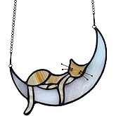 BOXCASA Stained Glass on Moon Cat Windown Hanging,Handcrafted Suncatcher Orange Cat Mom Gifts for Women,Daughter,Mothers Day,Christmas