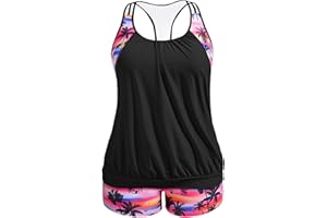 Holipick Plus Size Tankini Swimsuit for Women Two Piece Tummy Control Bathing Suit Blouson Racerback Tankini Top with Shorts