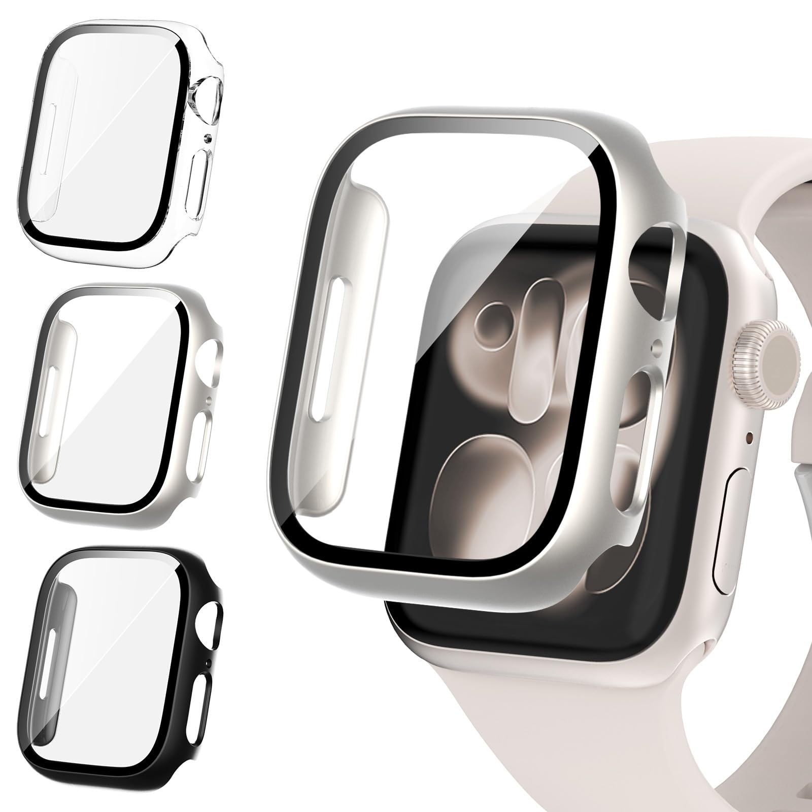 Fullife 3 Pack Screen Protector 42mm Compatible for Apple Watch Series 11/10 with 9H Tempered Glass,Overall Shockproof Cover Protective Case for iWatch 42mm(Black/Starlight/Transparent)