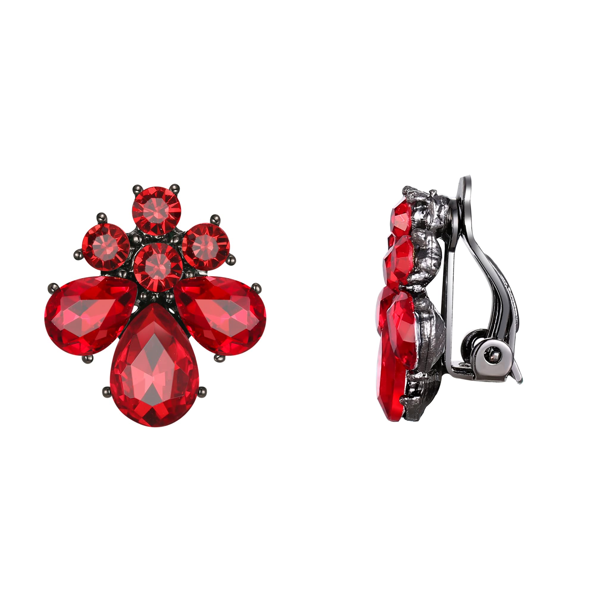 EVER FAITH Teardrop Clip-on Earrings for Women Girls, Rhinestone Crystal Flower Clip On Stud Earrings Red