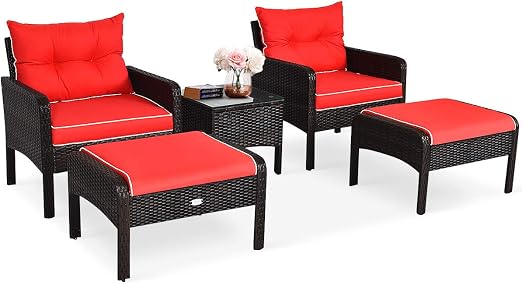 Costway 5pcs Rattan Garden Furniture Set 5 Seater Cushioned Sofa Chair With Glass Top Coffee Table And Footstool Outdoor Patio Porch Balcony Wicker Table Chairs Set Amazon Co Uk Garden Outdoors
