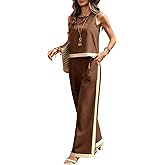 vinglam Women's 2 Piece Outfits Linen Square Neck Tank Tops Wide Leg Suits Pants Sets with Pockets