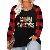 QAUN Plus Size Christmas Shirts Women Merry Christmas Shirts Christmas Lights Shirt Xmas Long Sleeve Tops