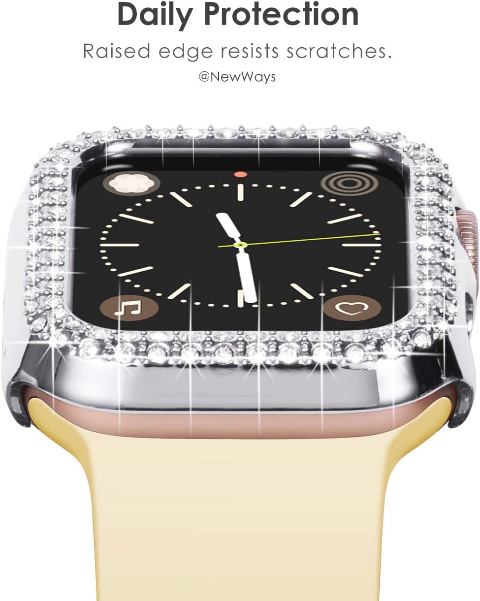 Newways 2-pack Women Bling Screen Protector with Diamond Compatible with Apple Watch Series 3/2/1 38mm,Plastic Bumper Case for iWatch,Overall Protective Cover without Protective Film(Clear+Silver) - Image 4