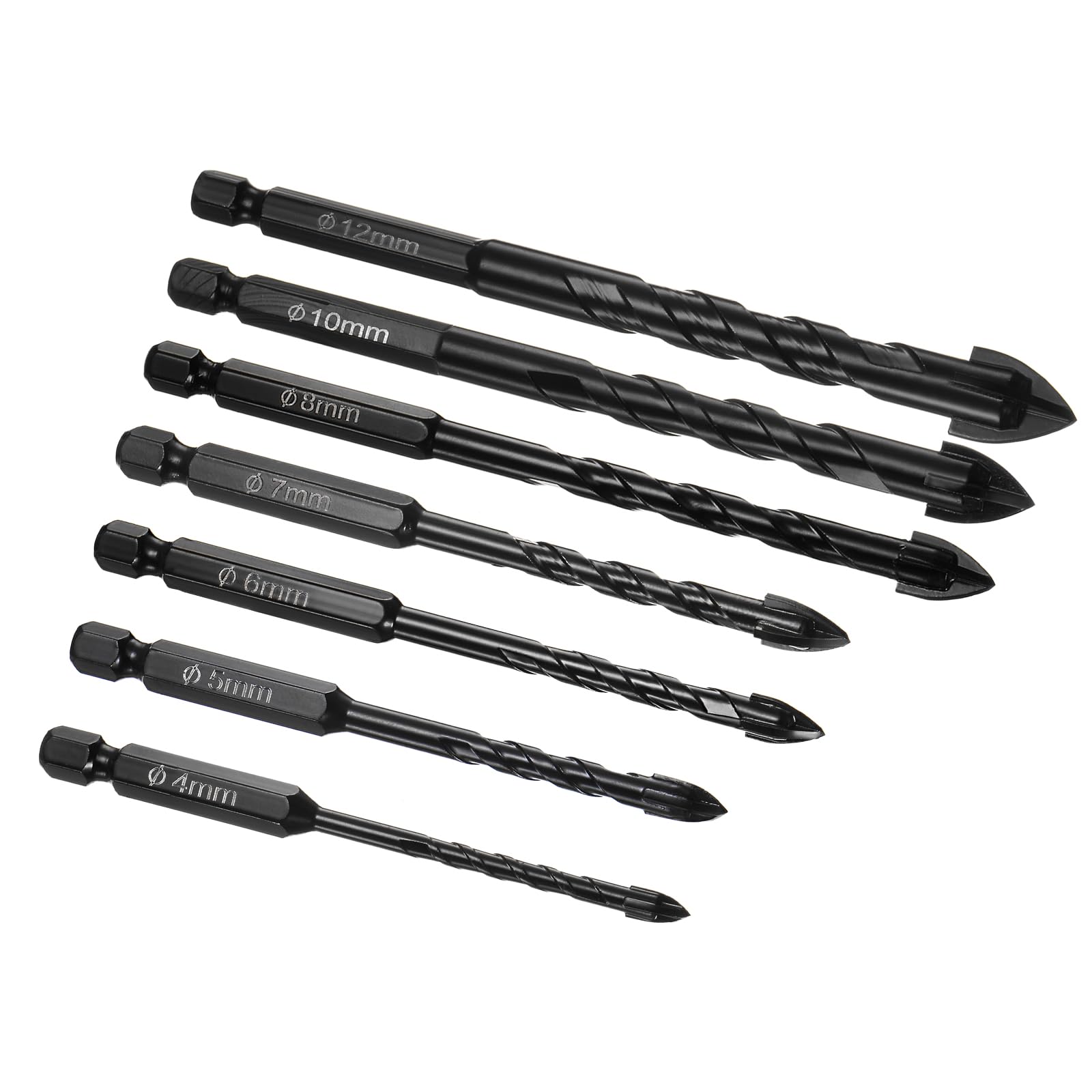 Kozelo 7 Pcs Glass Concrete Drill Bit - [4/5/6/7/8/10/12mm] Carbide Tip Concrete Masonry Drill Bit for Concrete, Glass, Walls, Bricks, Wood Use | 1/4 Inch Shank, High Speed Steel